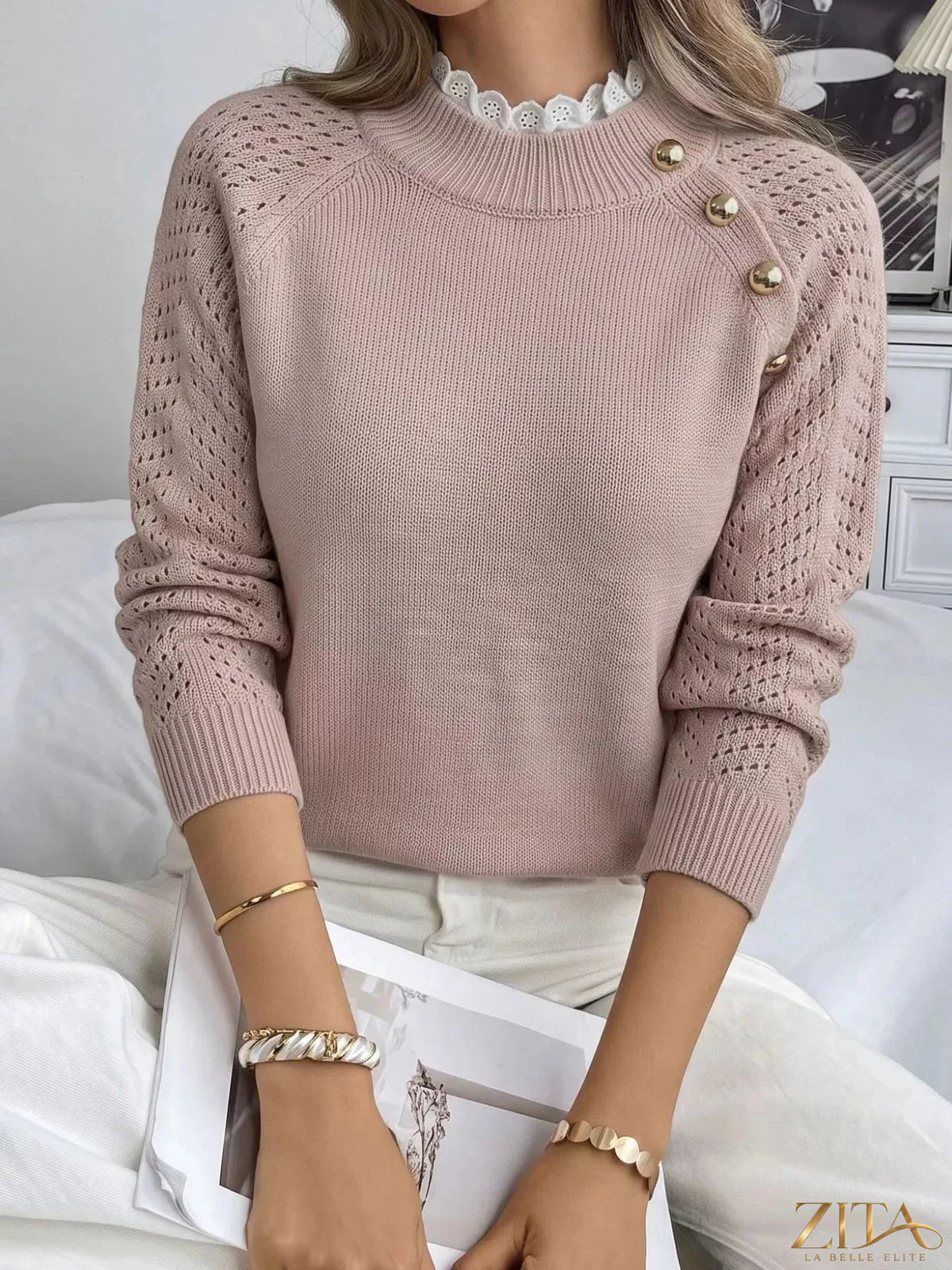 Zita La Belle Elite openwork mock neck sweater featuring a stylish knit design and fitted silhouette in soft, cozy fabric.