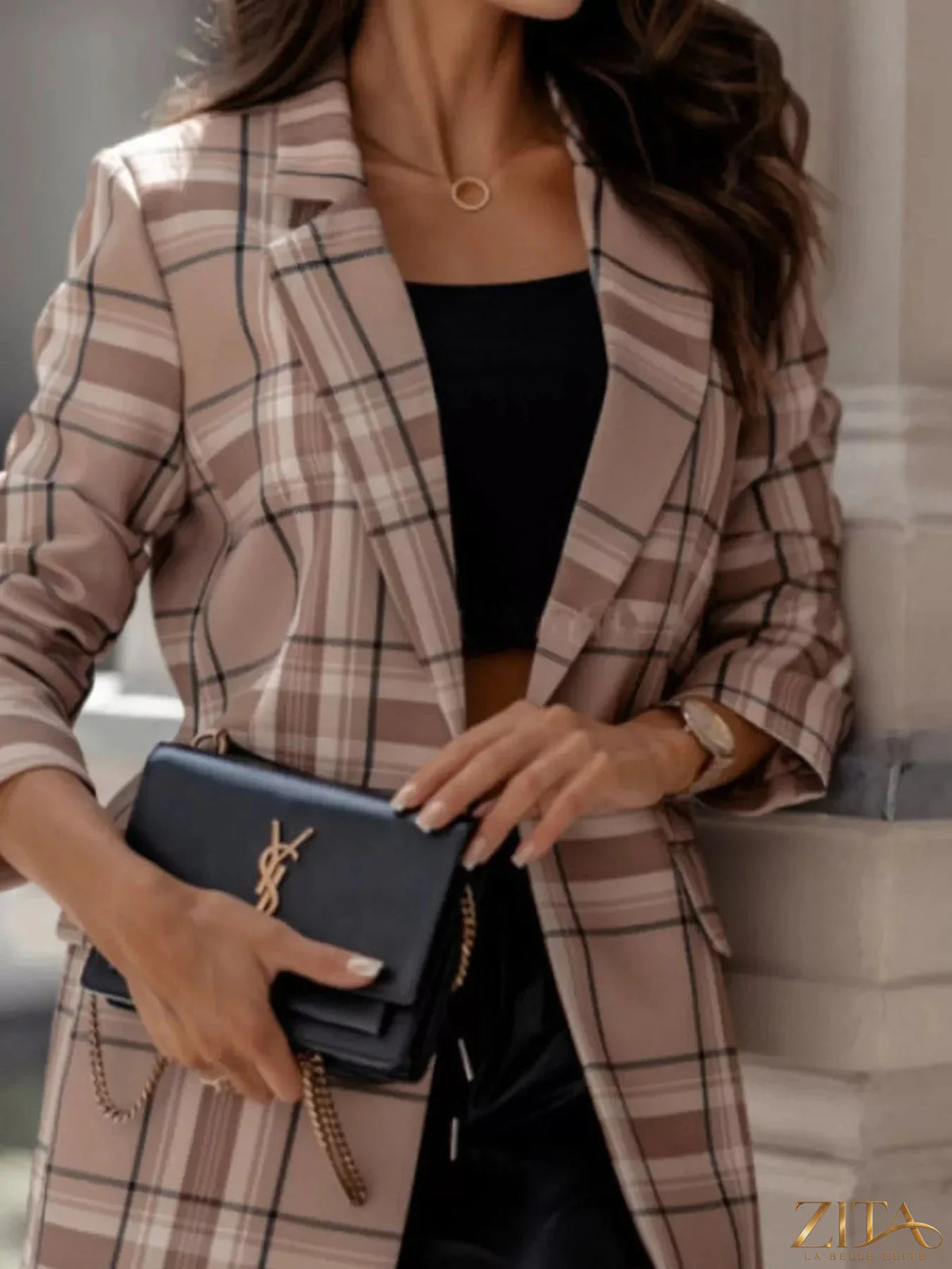 Zita La Belle Elite plaid blazer with lapel collar, tailored fit, featuring classic tartan pattern and stylish design.