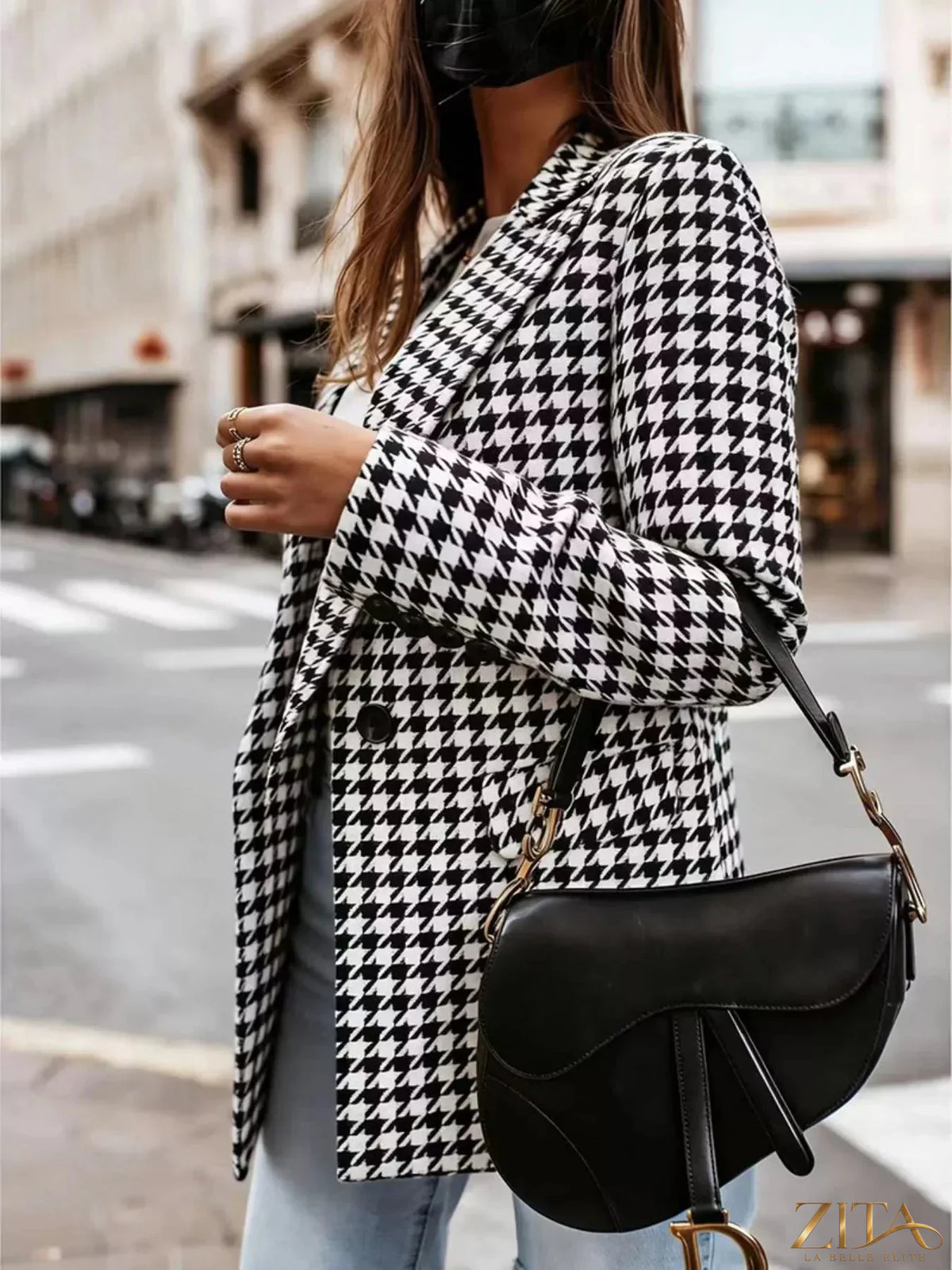 Zita La Belle Elite classic houndstooth double-breasted blazer with notched lapels and tailored fit, displayed on a hanger.