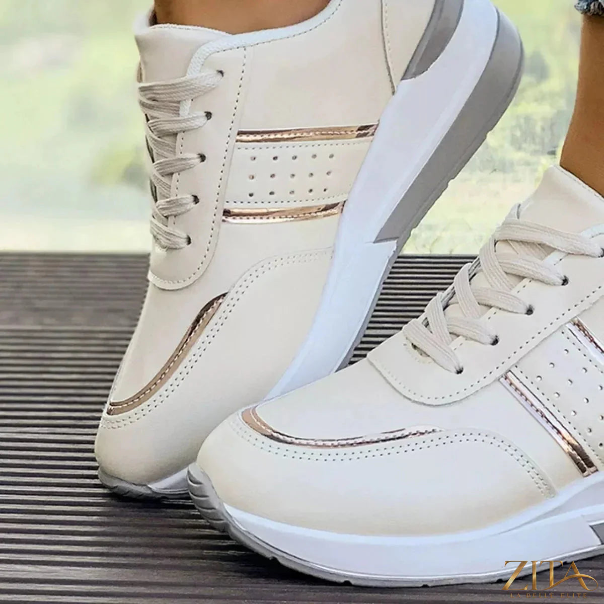 Zita La Belle Elite round toe lace-up sneakers in white with black accents, showcasing their stylish and comfortable design.