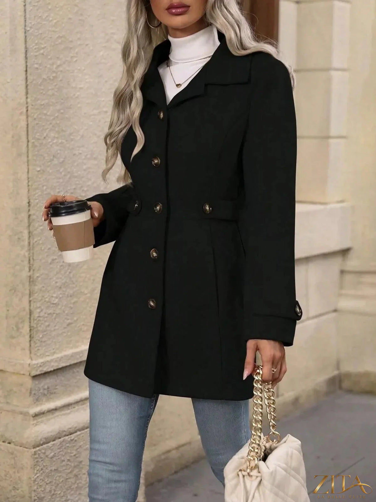 Zita La Belle Elite button-up long sleeve coat in neutral fabric, tailored with a classic collar and front buttons.