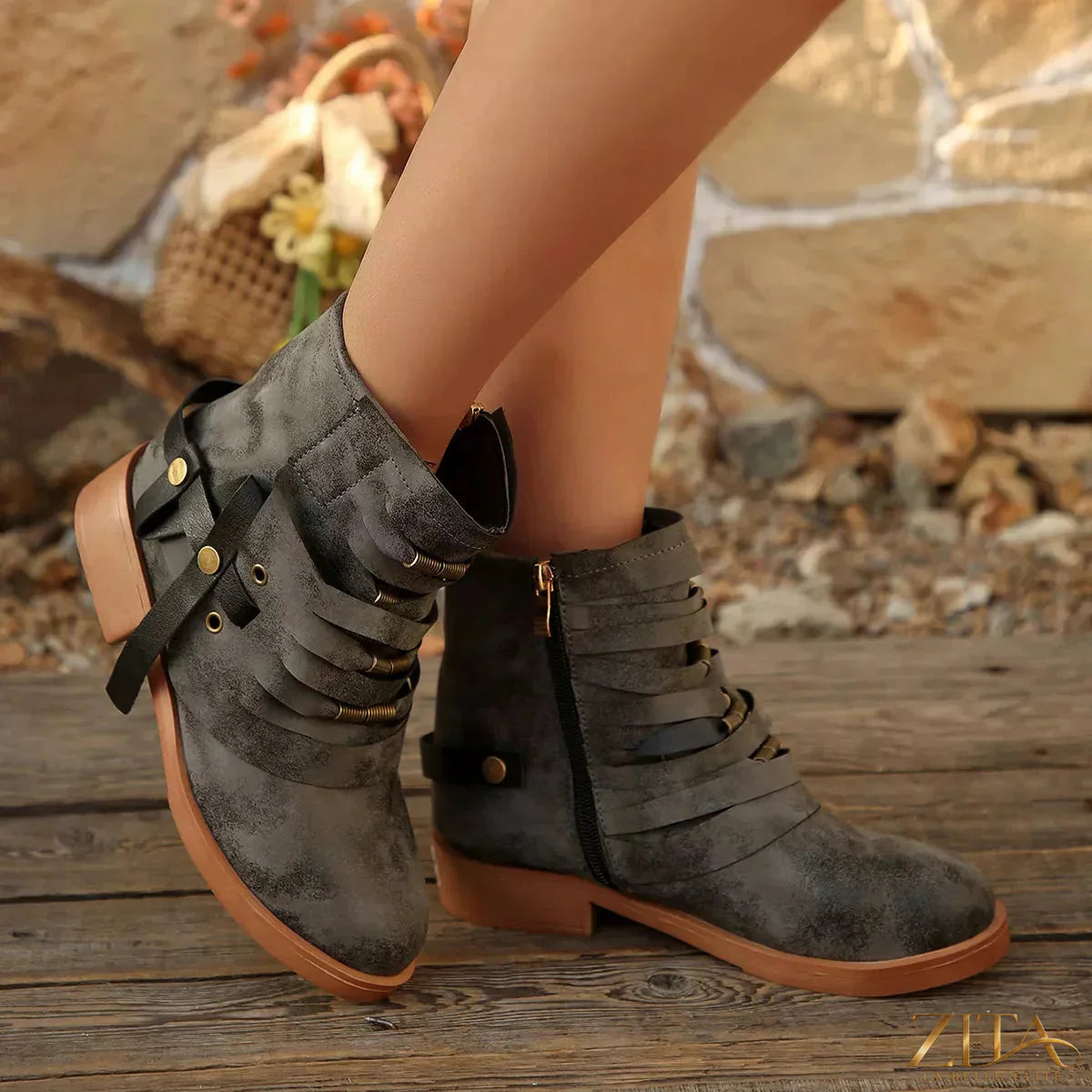Zita La Belle Elite strappy buckle ankle boots with chunky heels and leather straps, stylish footwear for modern fashion.