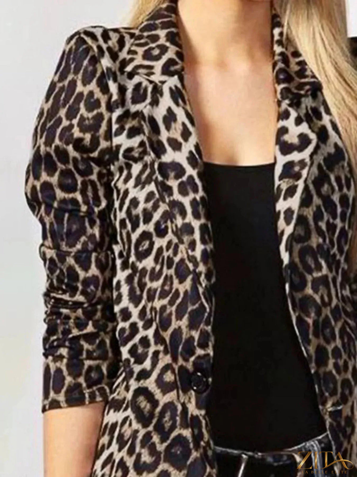 Leopard print Zita La Belle Elite blazer with a single button, tailored fit, and stylish lapel detail.
