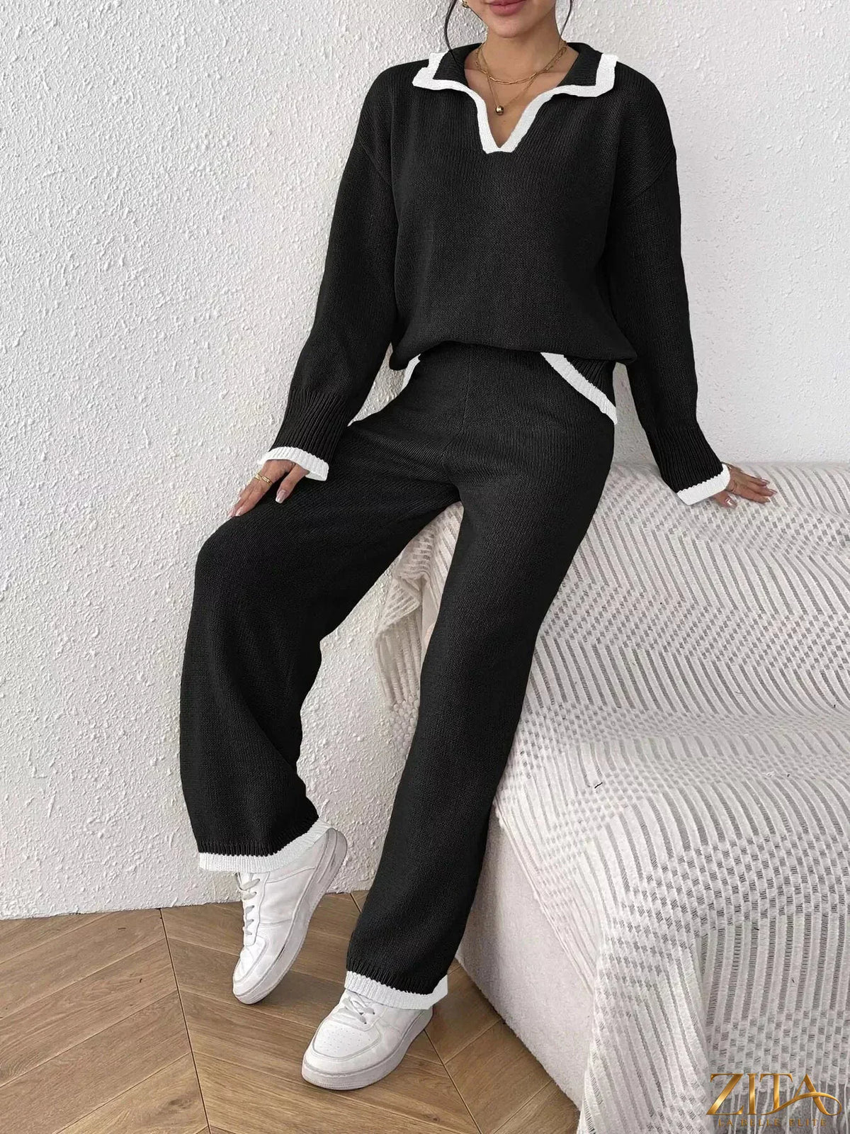 Zita La Belle Elite contrast trim polo collar top and pants sweater set, styled for casual wear in a cozy knit fabric.