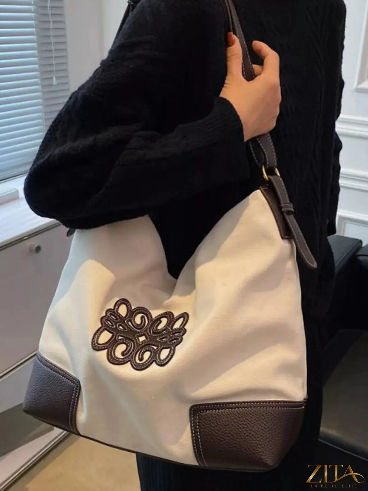 Embroidered canvas tote bag by Zita La Belle Elite with colorful floral embroidery and spacious design for everyday use.