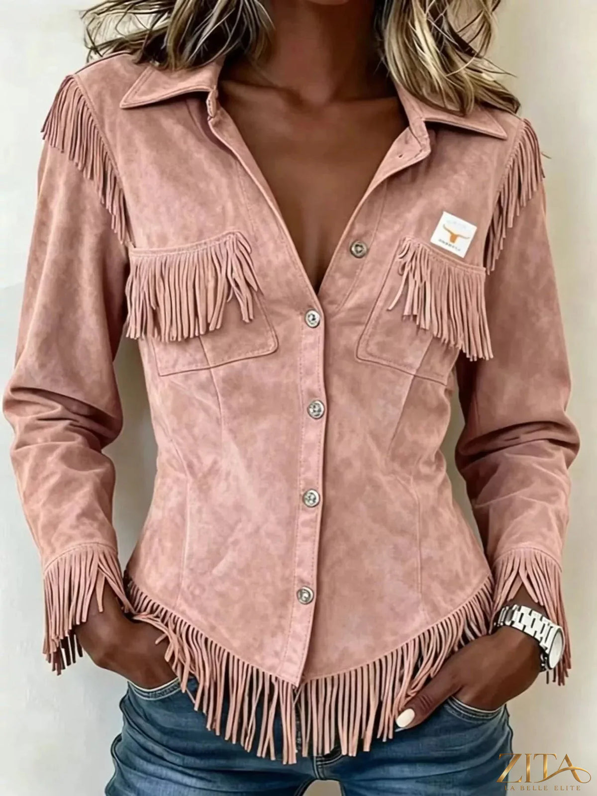 Plus size fringed snap-down jacket from Trendsi, featuring a full size, stylish fringe detailing and a classic snap-front design.