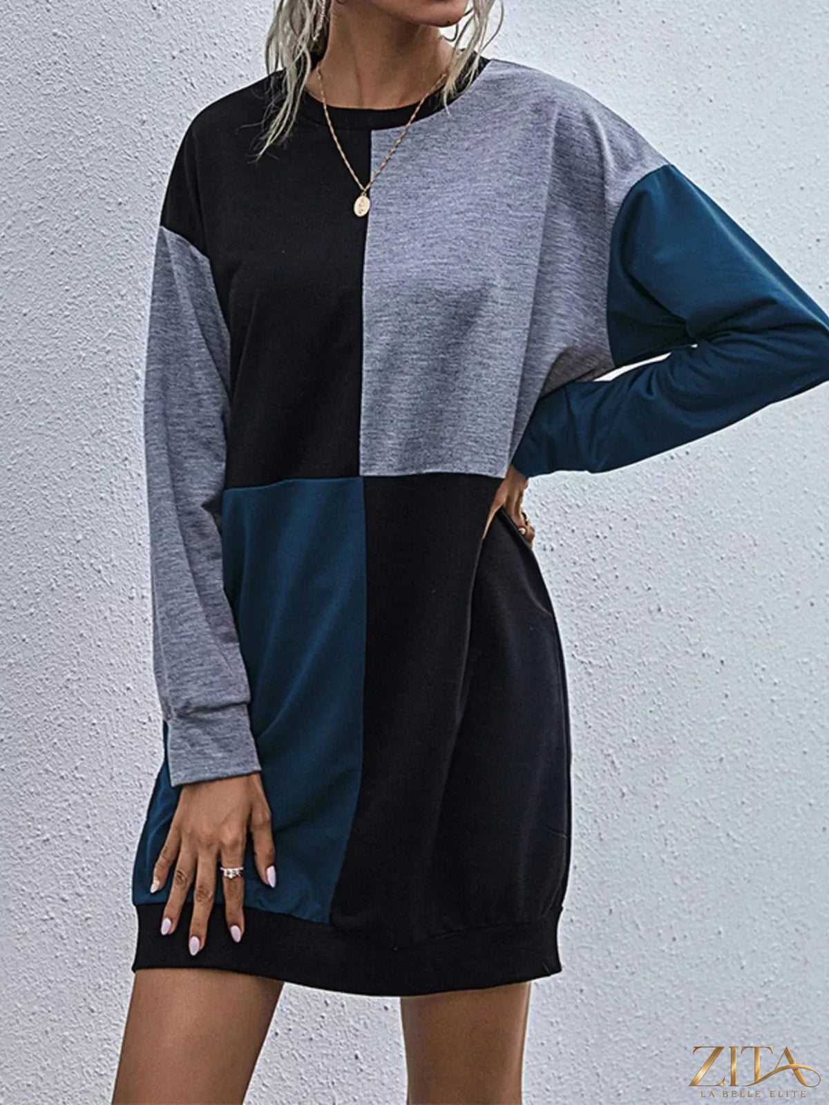 Zita La Belle Elite color block casual long sleeve mini dress featuring vibrant geometric patterns and a fitted silhouette.