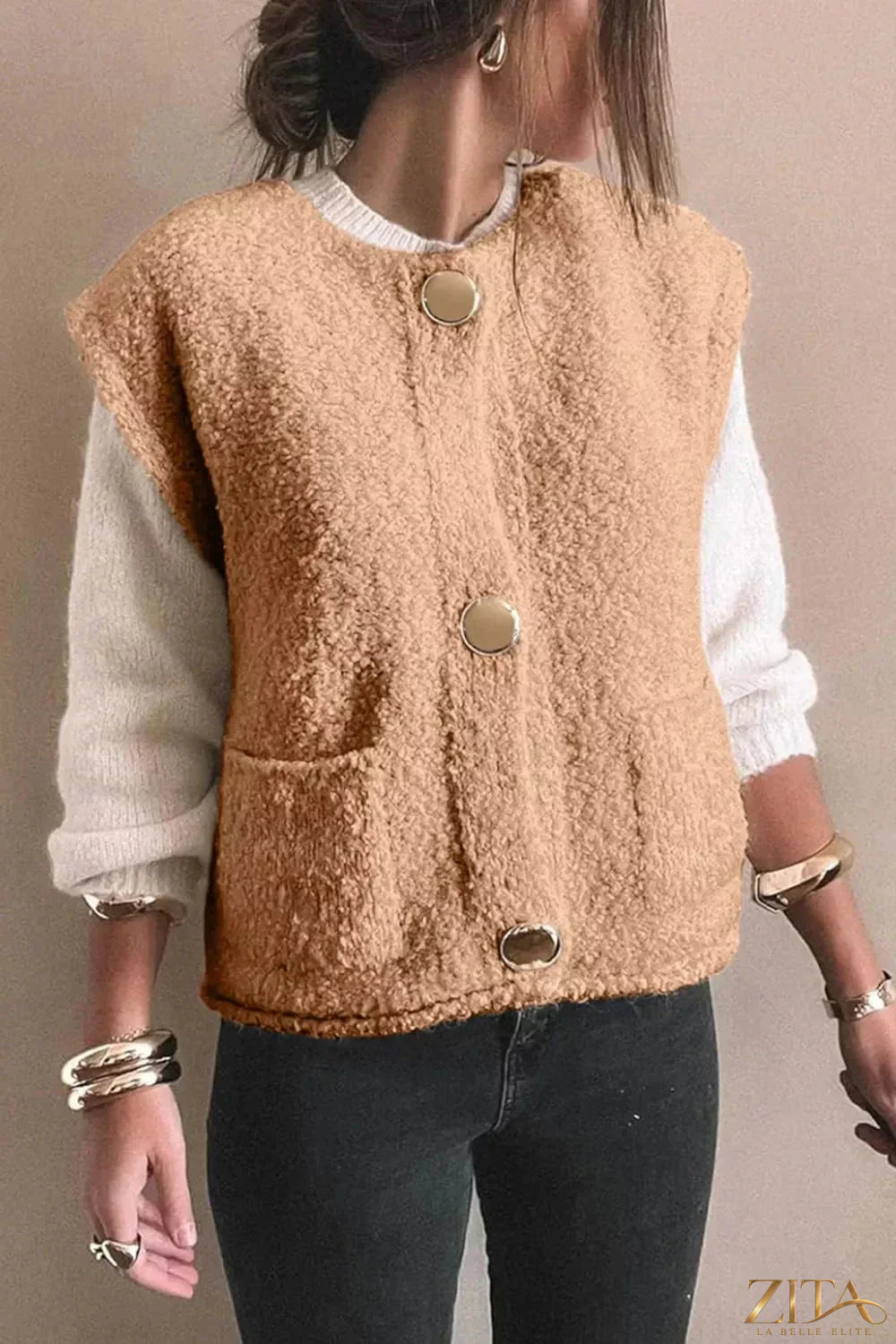 Zita La Belle Elite fleece button-down vest coat in cozy, soft fabric with front buttons and a classic collar.