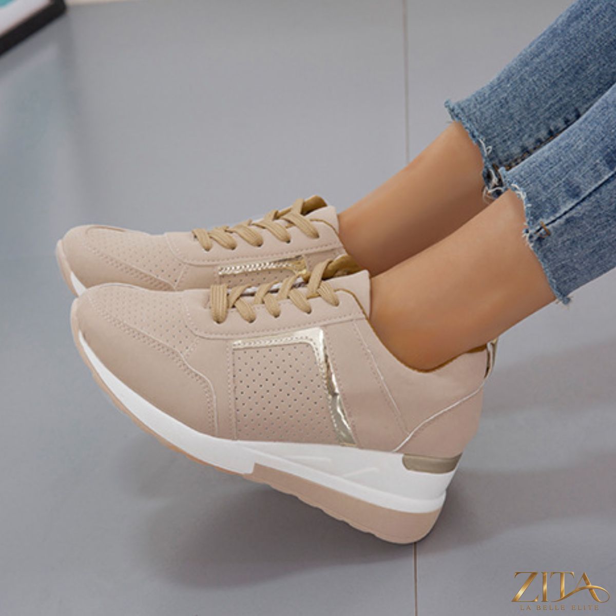 Zita La Belle Elite lace-up wedge sneakers with thick soles and stylish design, displayed on a white background.