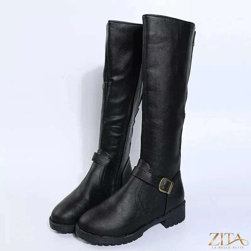 Zita La Belle Elite round toe block heel boots with ankle height and stylish design, shown in a sleek black finish.