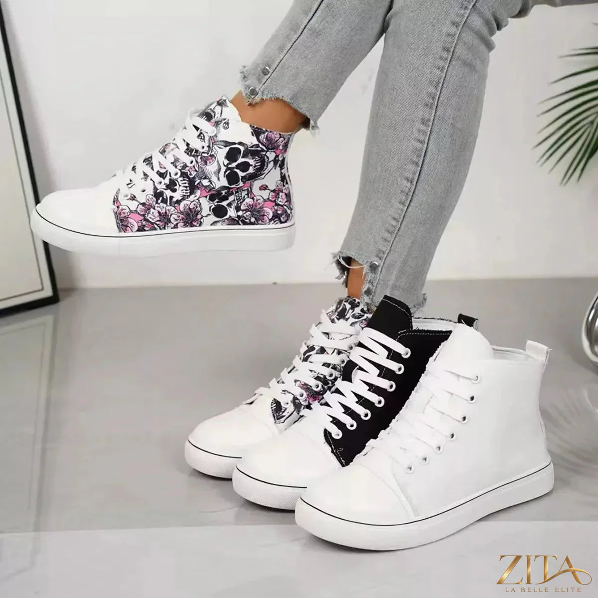 Zita La Belle Elite round toe lace-up sneakers in white with rubber sole and stylish design, perfect for casual wear.