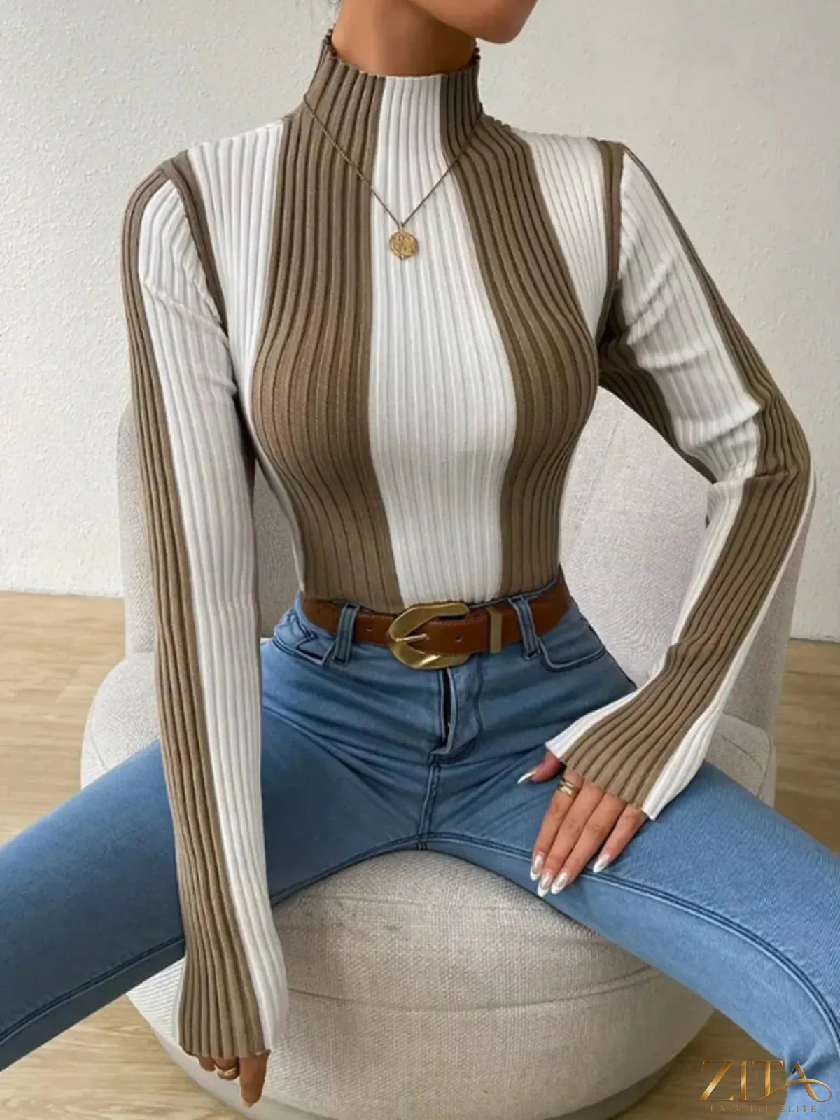Color block turtleneck ribbed knit top by Trendsi, featuring a stylish multicolor design and cozy long sleeves.