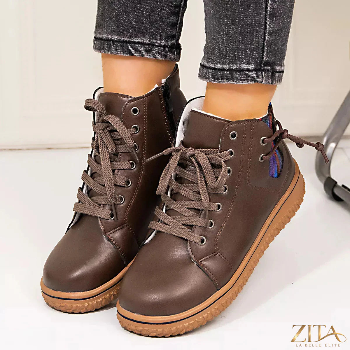 Zita La Belle Elite lace-up ankle boots with zipper detail, stylish black leather footwear for casual or dressy occasions.