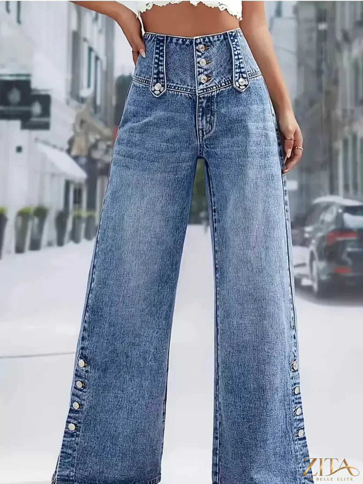 Zita La Belle Elite high waist wide leg jeans with button decor and relaxed fit, shown on a model.