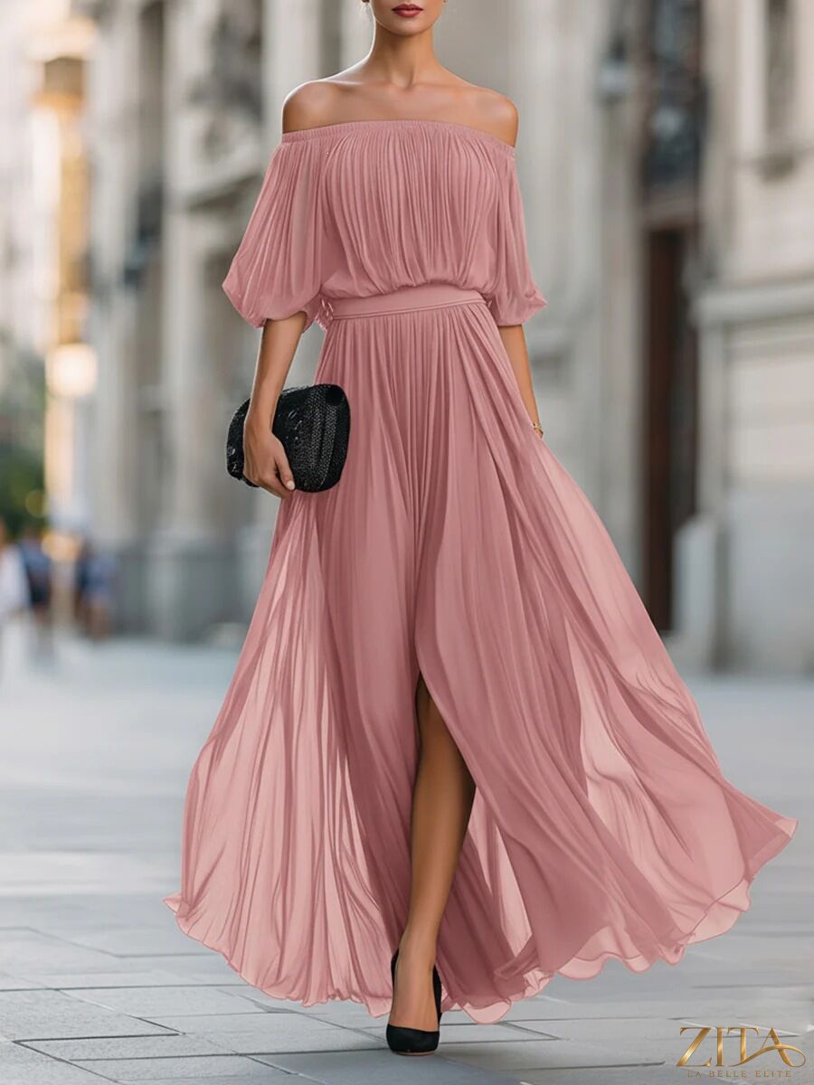 Zita La Belle Elite one-shoulder chiffon maxi dress with ruffle sleeve for elegant evening wear, shown in a flowing design.