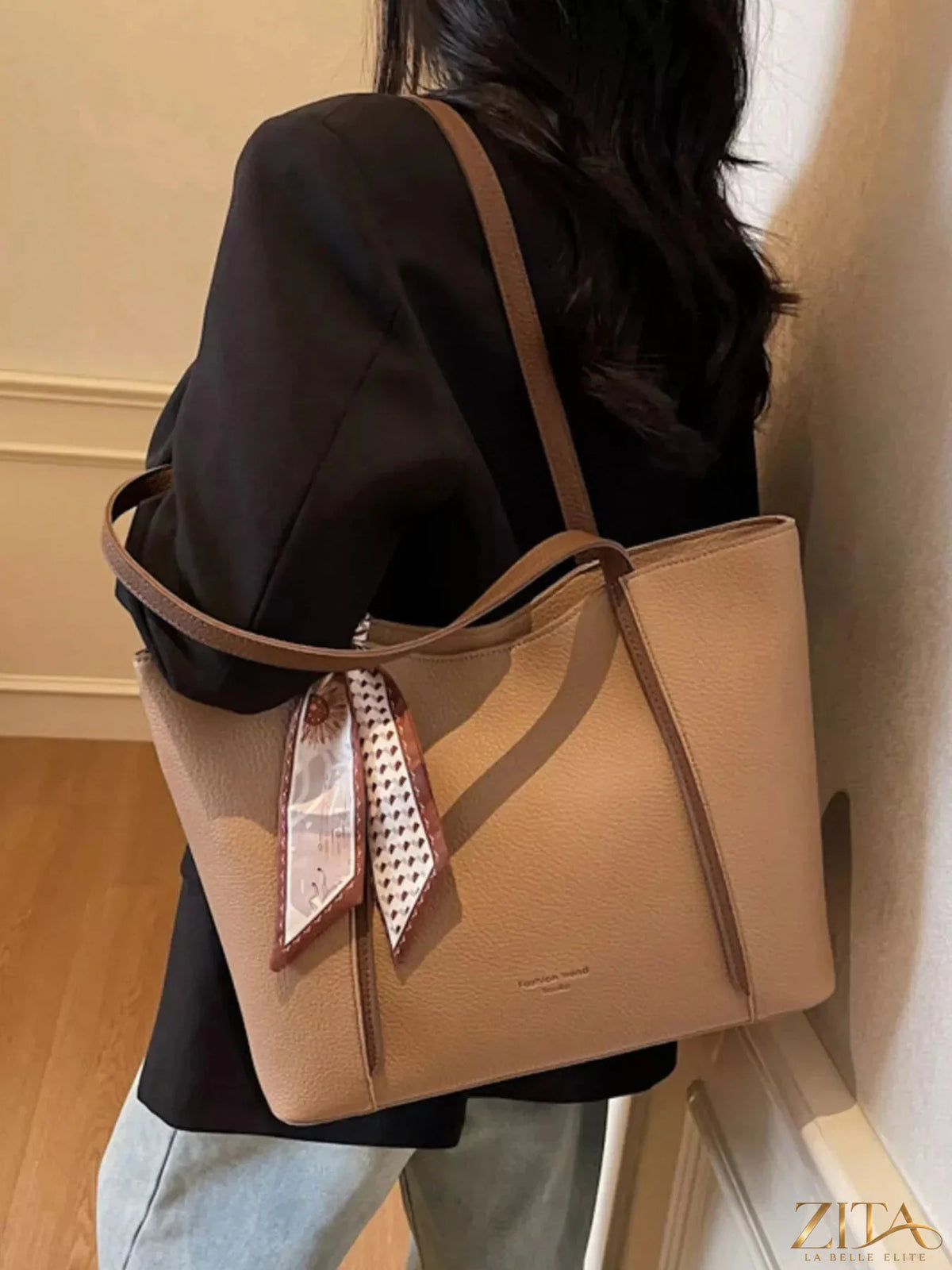 Zita La Belle Elite PU leather tote bag with interior pockets, black color, and sturdy handles, suitable for everyday use.
