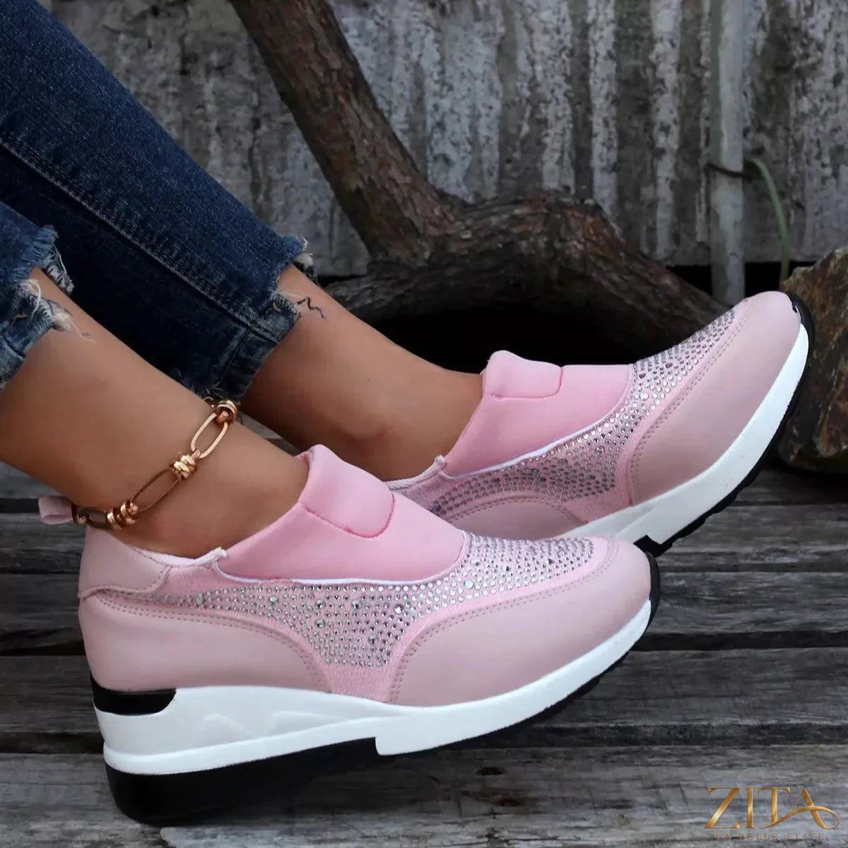 Zita La Belle Elite rhinestone embellished wedge sneakers with sparkling details and white rubber soles.