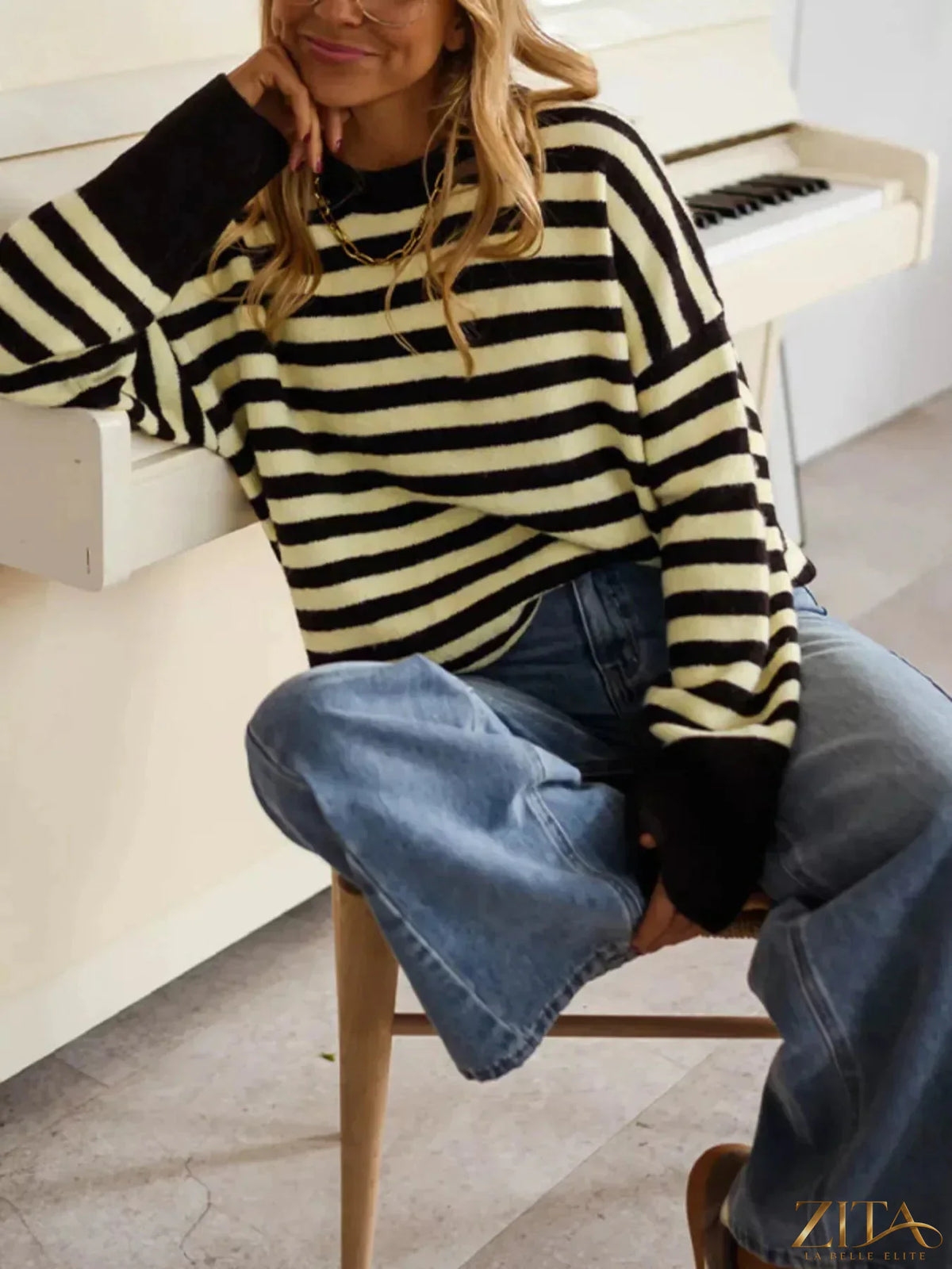 Trendsi striped crew neck sweater featuring horizontal multicolor stripes, soft knit fabric, and classic fit.