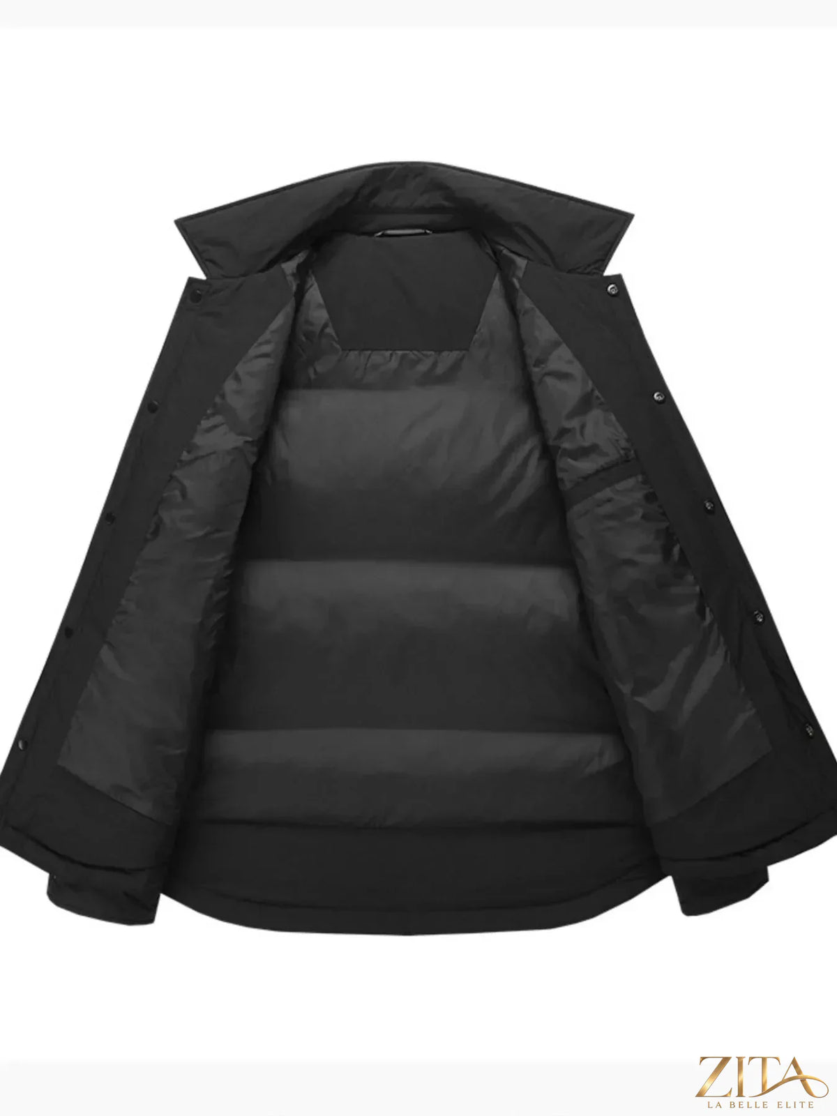 Men’s plus size lightweight padded snap-down jacket by Zita La Belle Elite, shown in a close-up of the front with snap buttons.