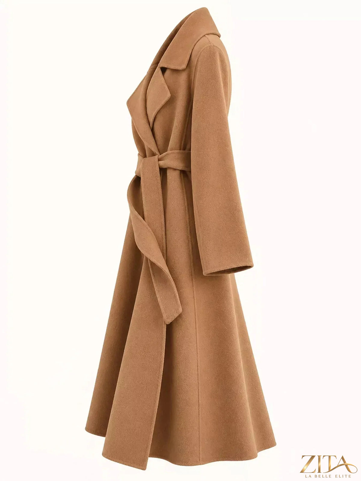 Zita La Belle Elite longline wool coat with waist-defining belt, stylish winter outerwear in neutral color.
