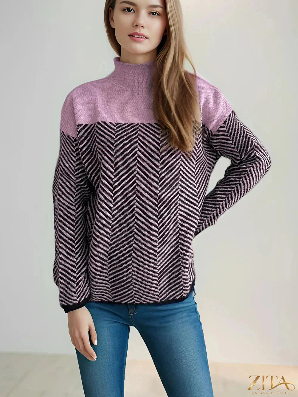 Contrast turtleneck long sleeve sweater by Trendsi, featuring a cozy fit with a stylish black and white color block design.