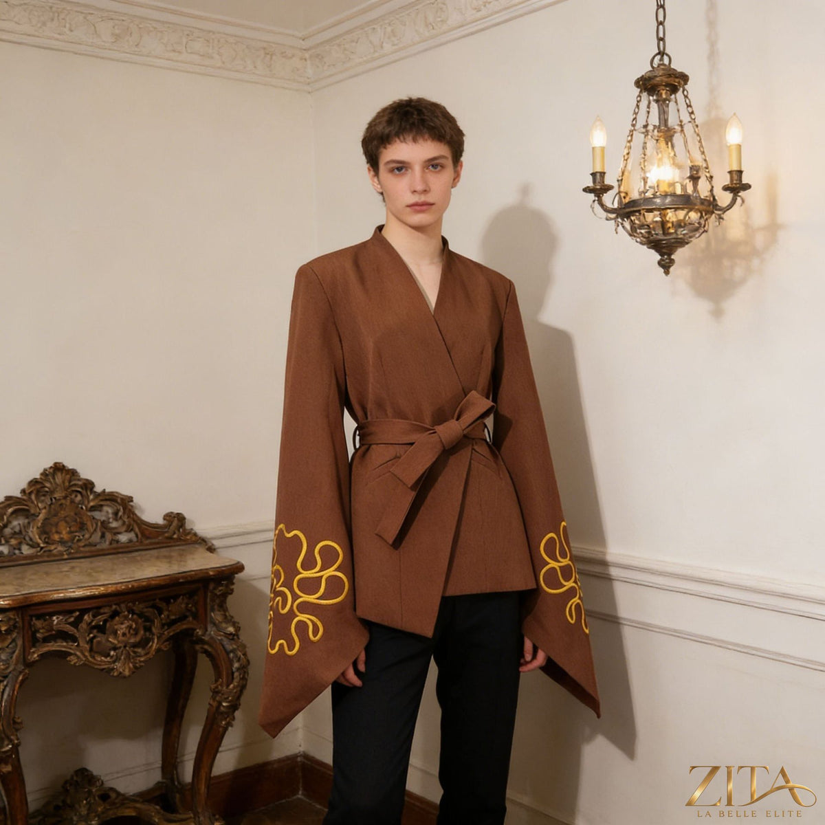 Zita La Belle Elite embroidered slim-fit blazer with flared sleeves, tailored with intricate embroidery and structured design.