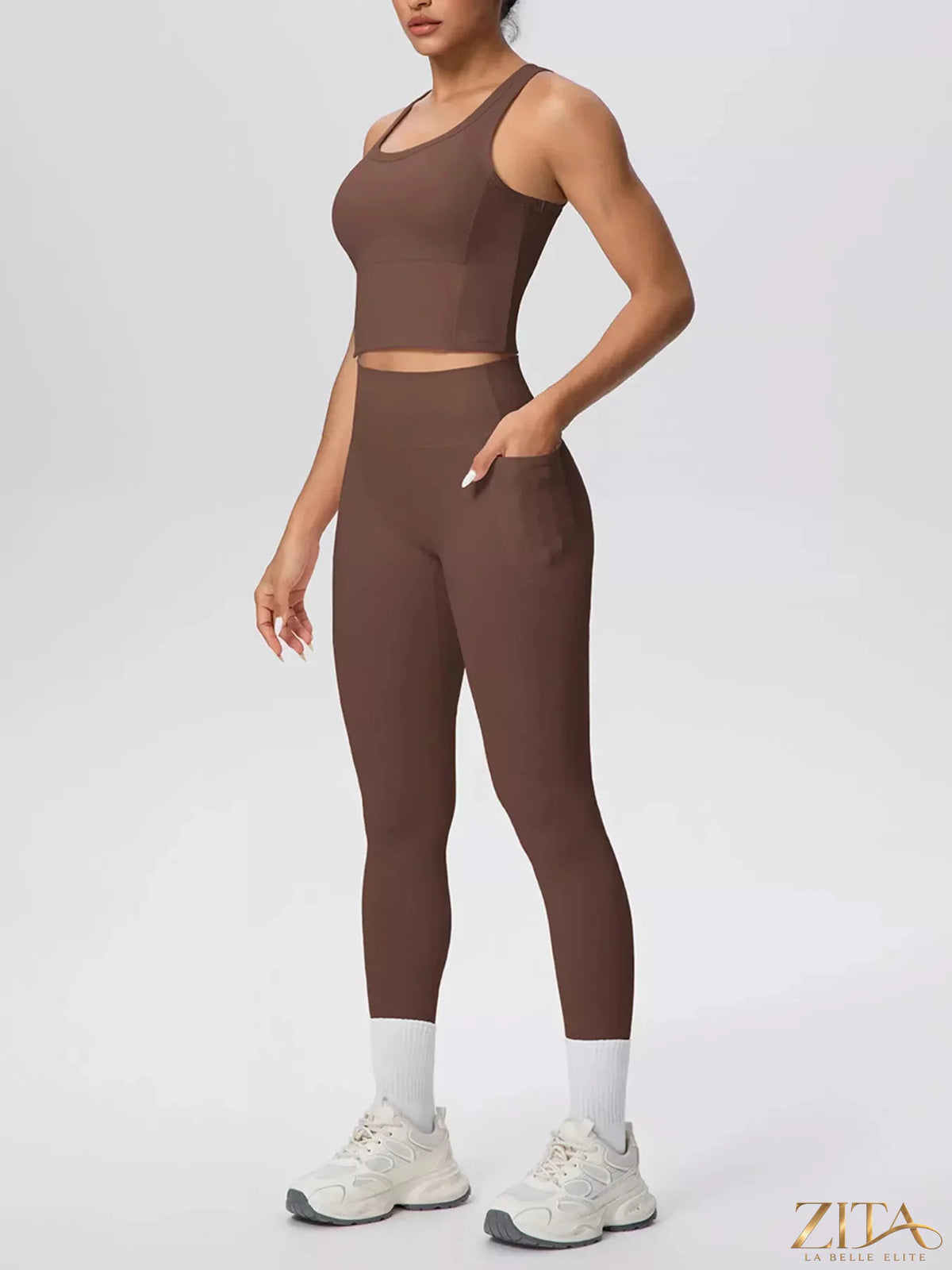 Zita La Belle Elite scoop neck tank top and high-waisted leggings active set, black, fitted athletic workout clothing
