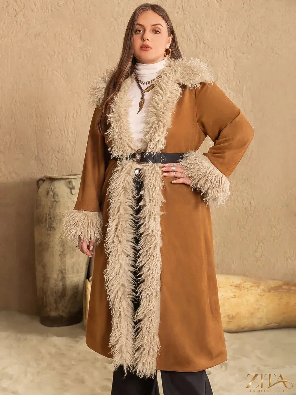 Plus size furry trim open front long sleeve coat by Zita La Belle Elite, showing the cozy fur trim and stylish open design.
