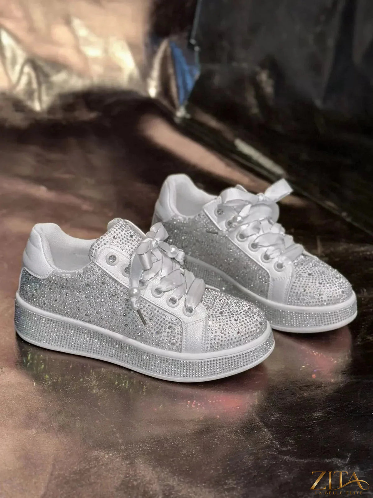 Zita La Belle Elite round toe rhinestone sneakers with sparkling embellishments and white rubber soles, stylish and comfortable footwear