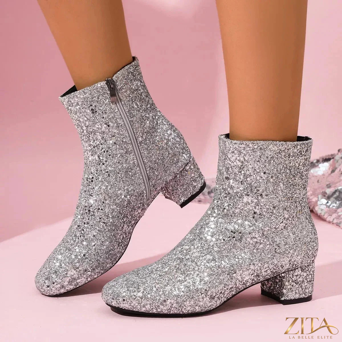 Zita La Belle Elite sequin round toe block heels boots with shiny sequins and a stylish silhouette on a white background.