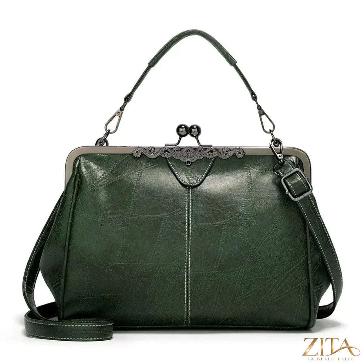 Vintage Kiss Lock leather handbag by Zita La Belle Elite with classic metal clasp and structured design.