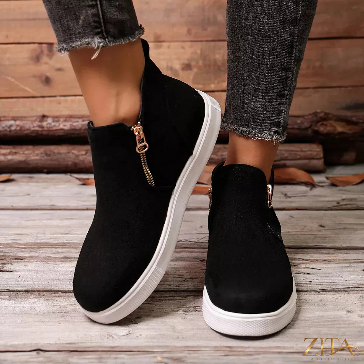 Zita La Belle Elite side zipper flat sneakers in black with sleek design and comfortable flat sole, ideal for casual wear.