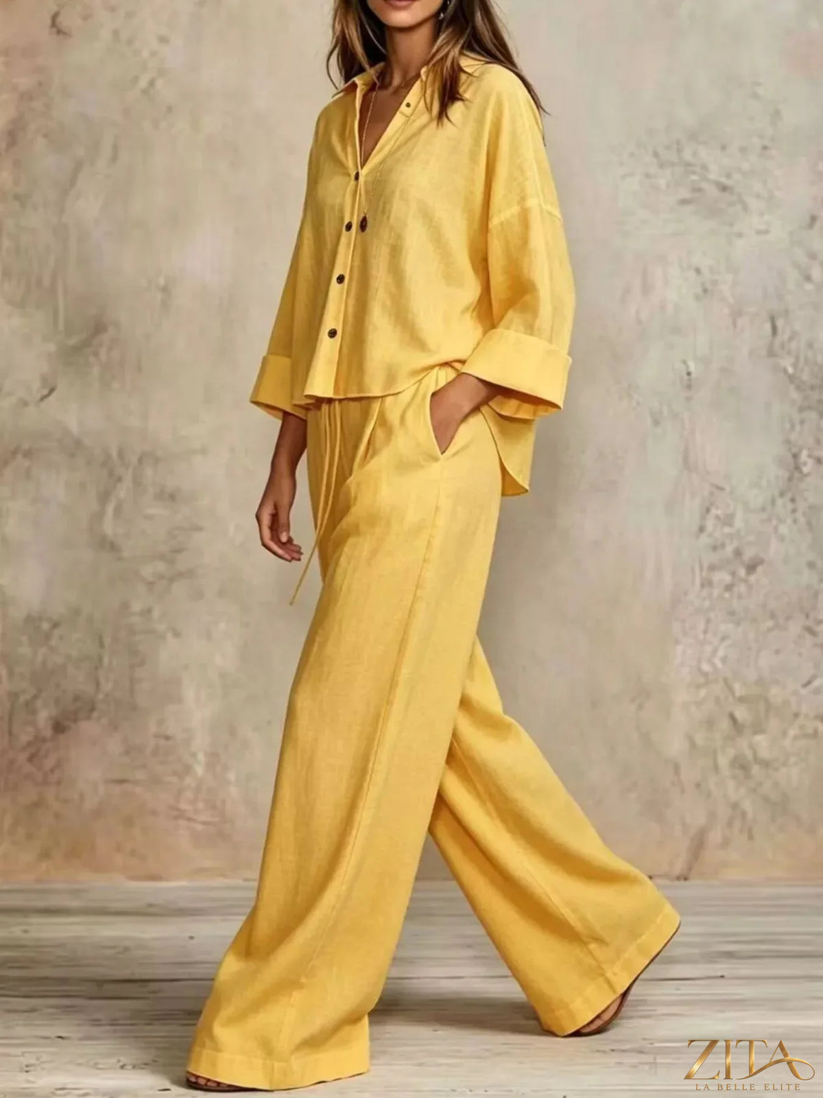 Plus size Zita La Belle Elite button-down shirt and wide-leg pants set, featuring a stylish, coordinated outfit for plus size women.
