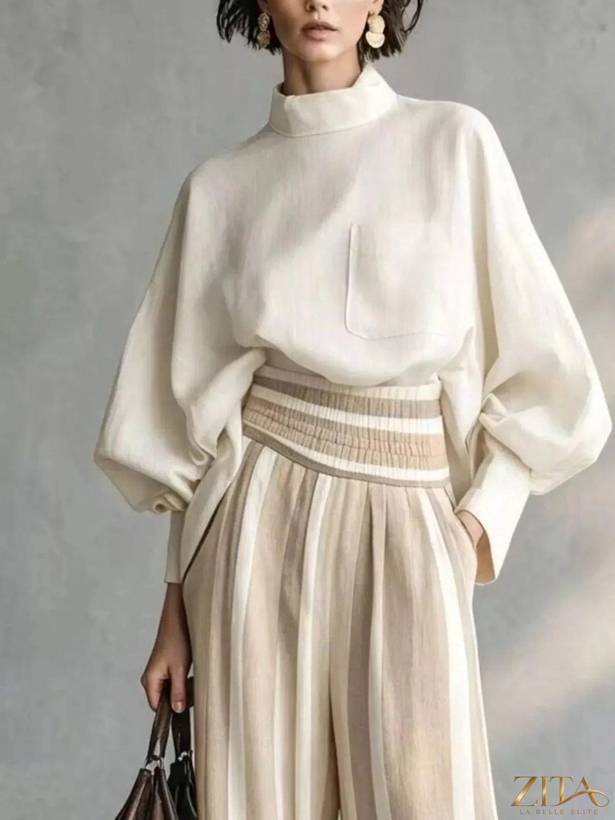 Plus size Trendsi full size mock neck top with striped wide-leg pants set, featuring a stylish, comfortable matching outfit.