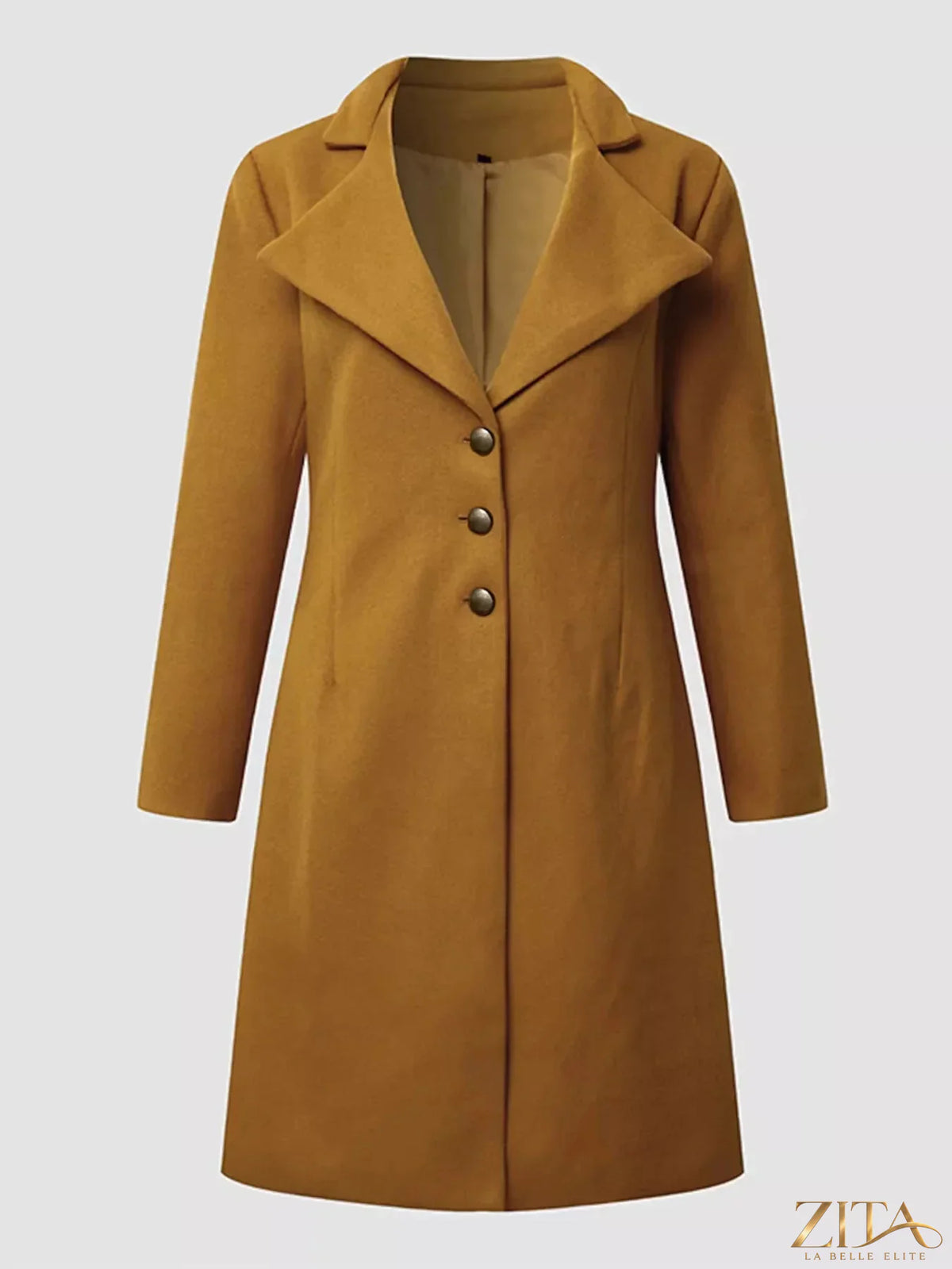 Plus size Zita La Belle Elite long sleeve overcoat, full-length single-breasted overcoat with a stylish, tailored fit.