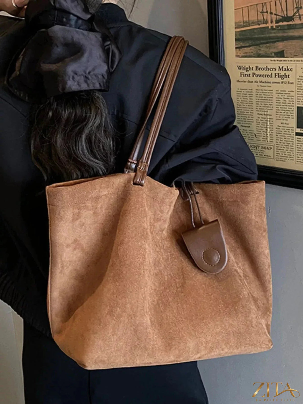 Zita La Belle Elite classic suede tote bag with sturdy handles and spacious interior, in soft tan color.