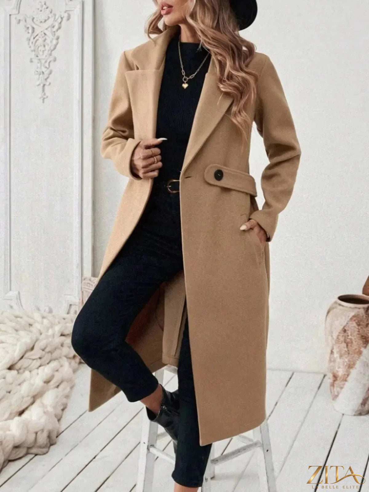 Plus size Zita La Belle Elite full size coat with lapel collar, belt, and pockets, featuring an elegant design and stylish silhouette.
