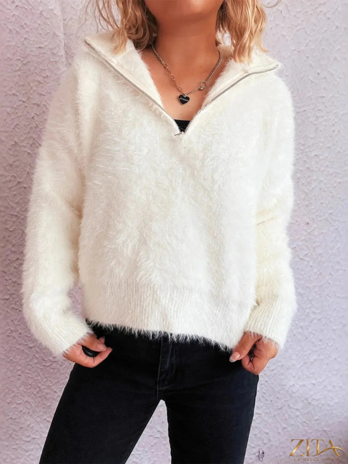 Zita La Belle Elite Cozy Fuzzy Half-Zip Sweater in soft, plush fabric with a high collar and relaxed fit, perfect for cold weather.