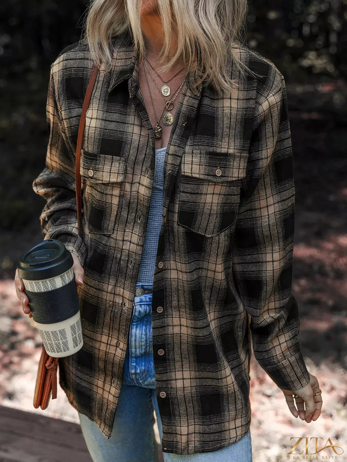 Zita La Belle Elite plaid brushed shacket with double flap pockets, featuring a stylish, cozy design in a classic check pattern.