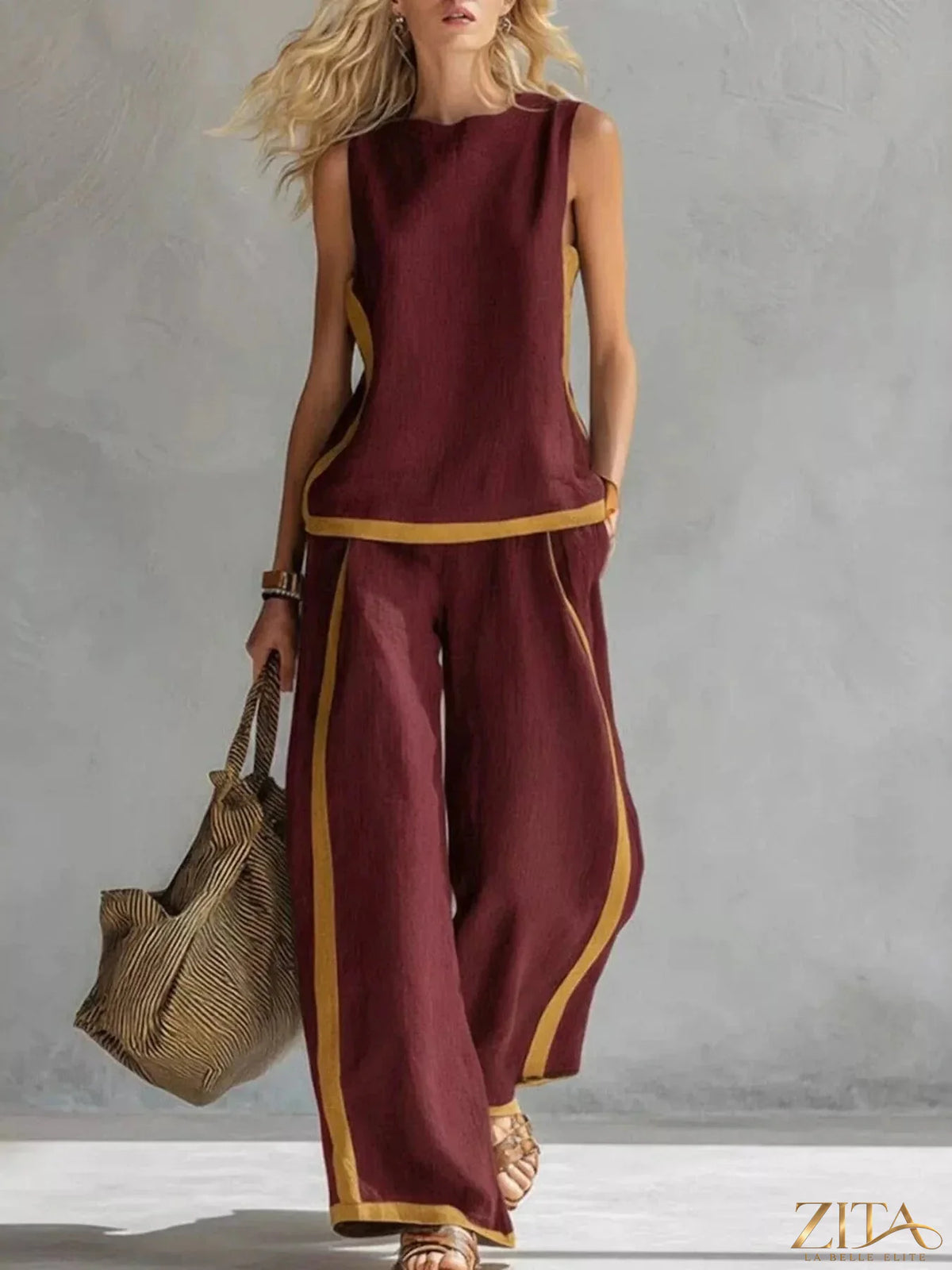 Plus size Zita La Belle Elite contrast stripe tank top and wide-leg pants set, stylish and comfortable for casual wear.