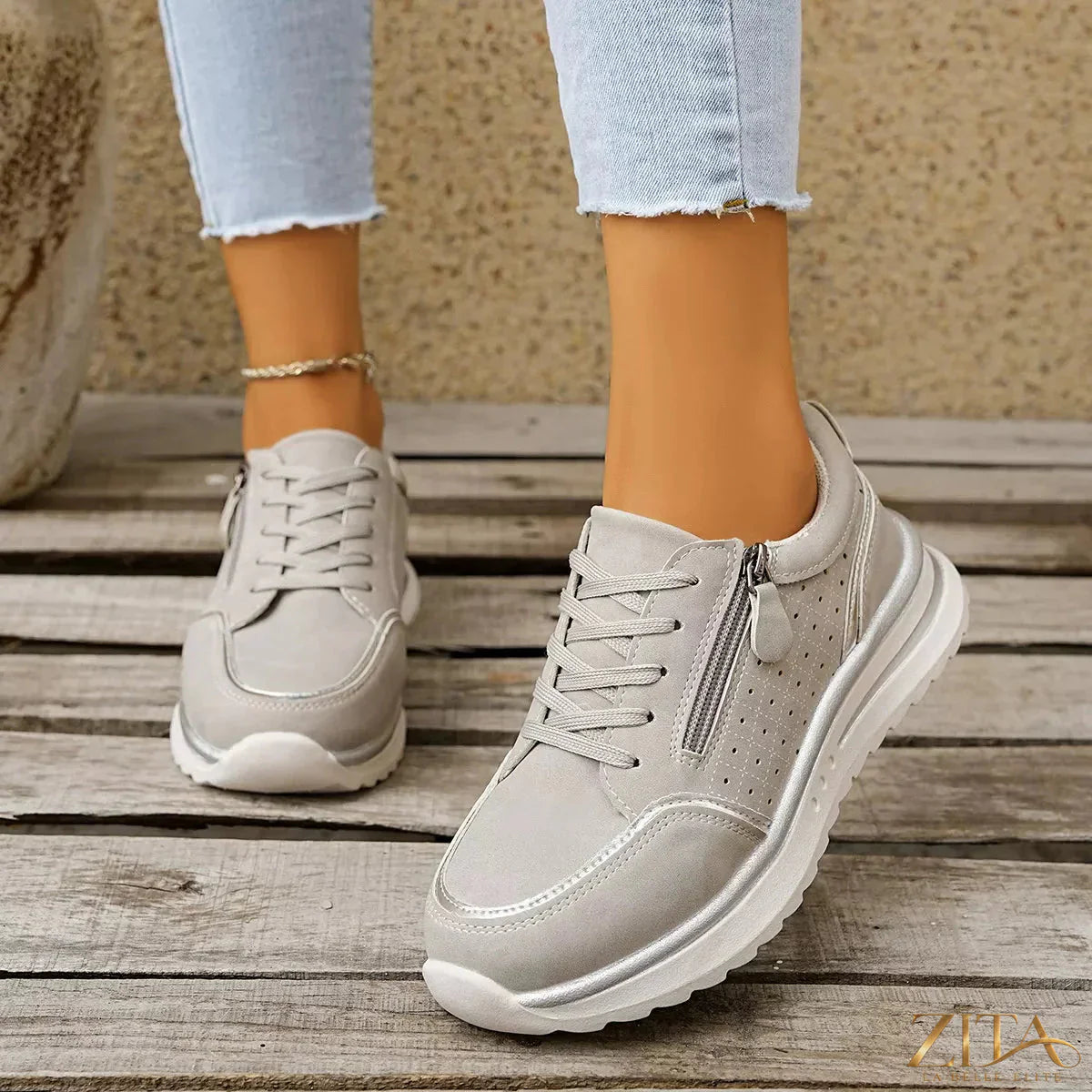 Zita La Belle Elite round toe lace-up sneakers in white with stylish design and comfortable fit