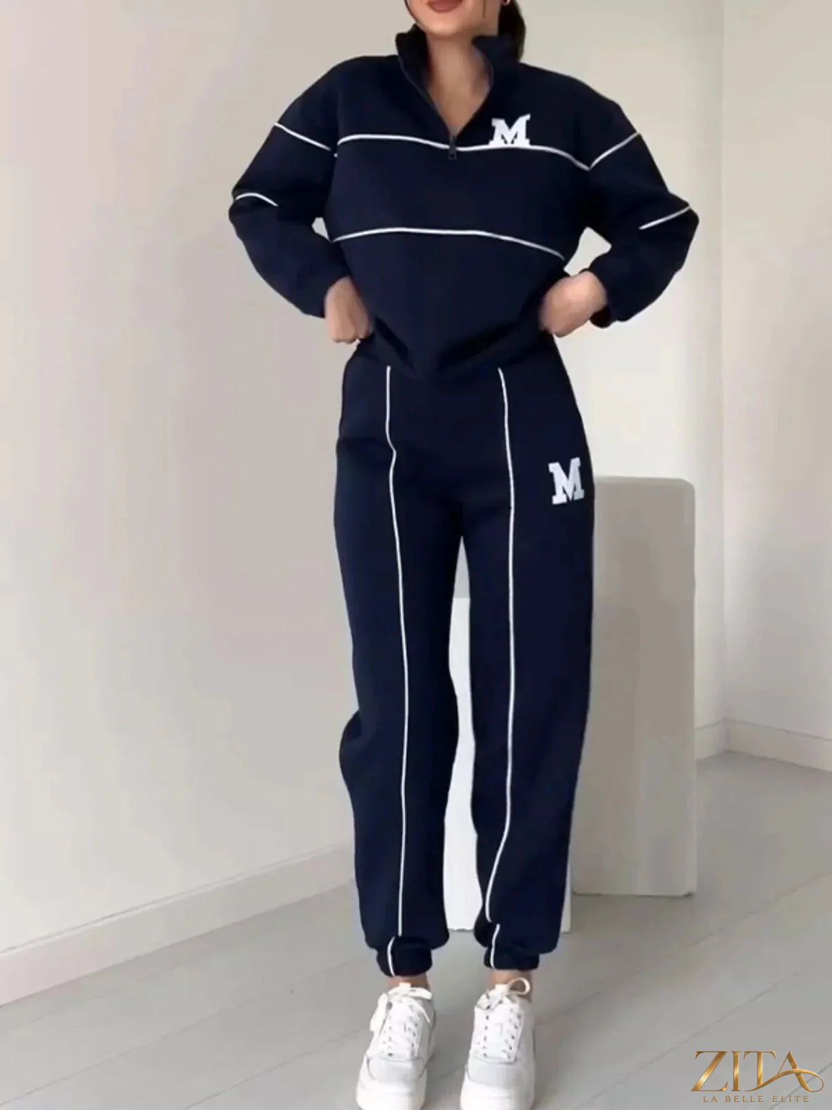 Plus size Zita La Belle Elite striped quarter zip top and matching pants set, full size loungewear outfit on a mannequin.
