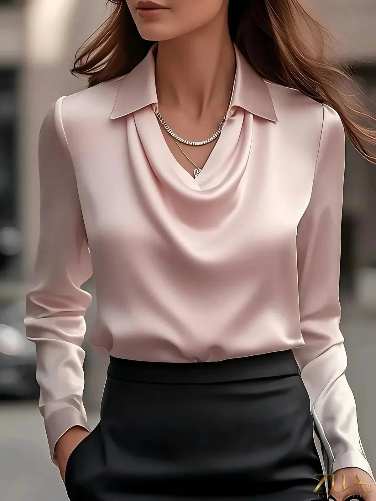 Zita La Belle Elite satin collar long sleeve blouse featuring a sleek, elegant design and smooth fabric.