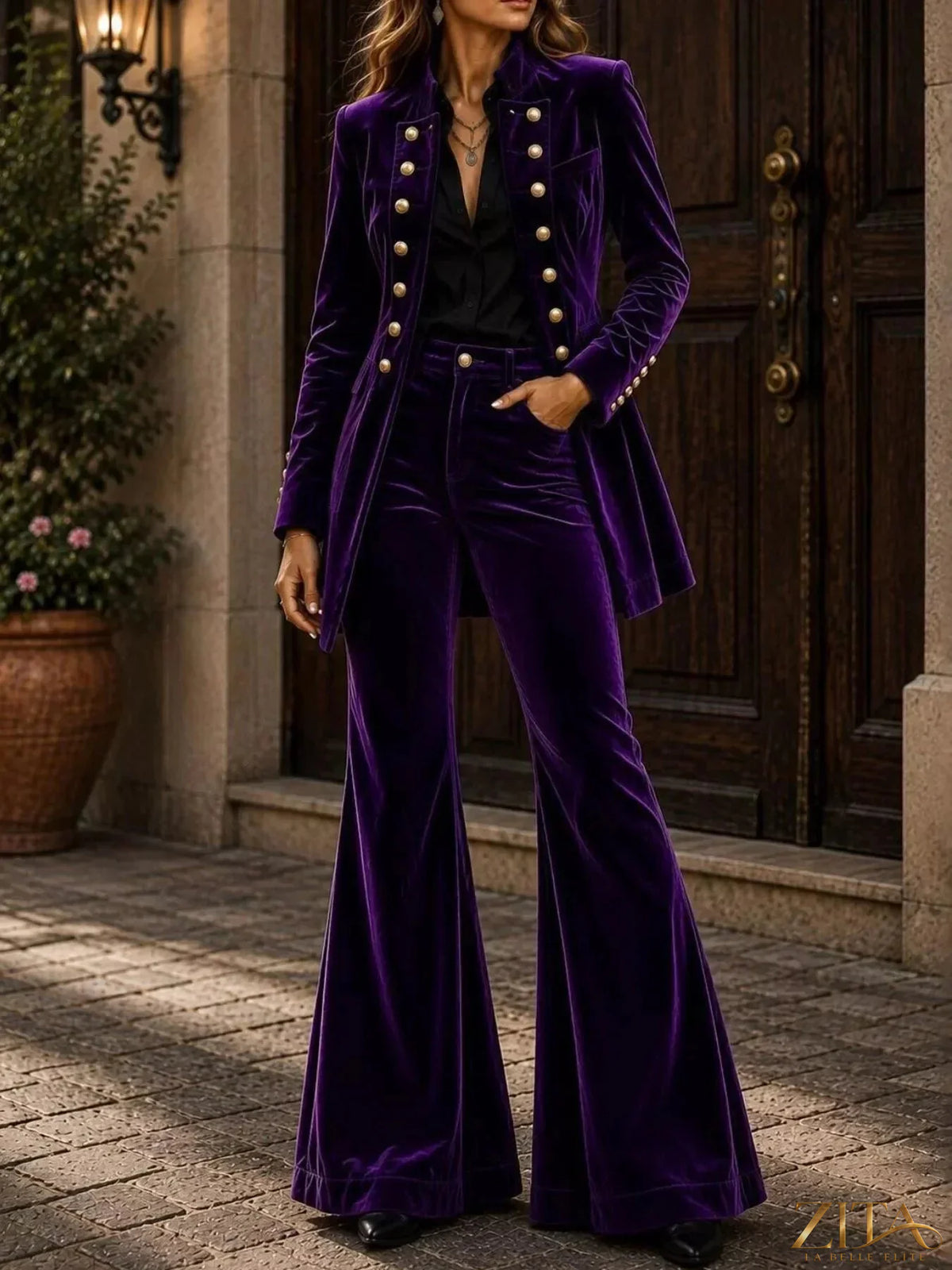 Zita La Belle Elite velvet double-breasted blazer and flare pants set, stylish formal wear with a luxurious fabric appearance.