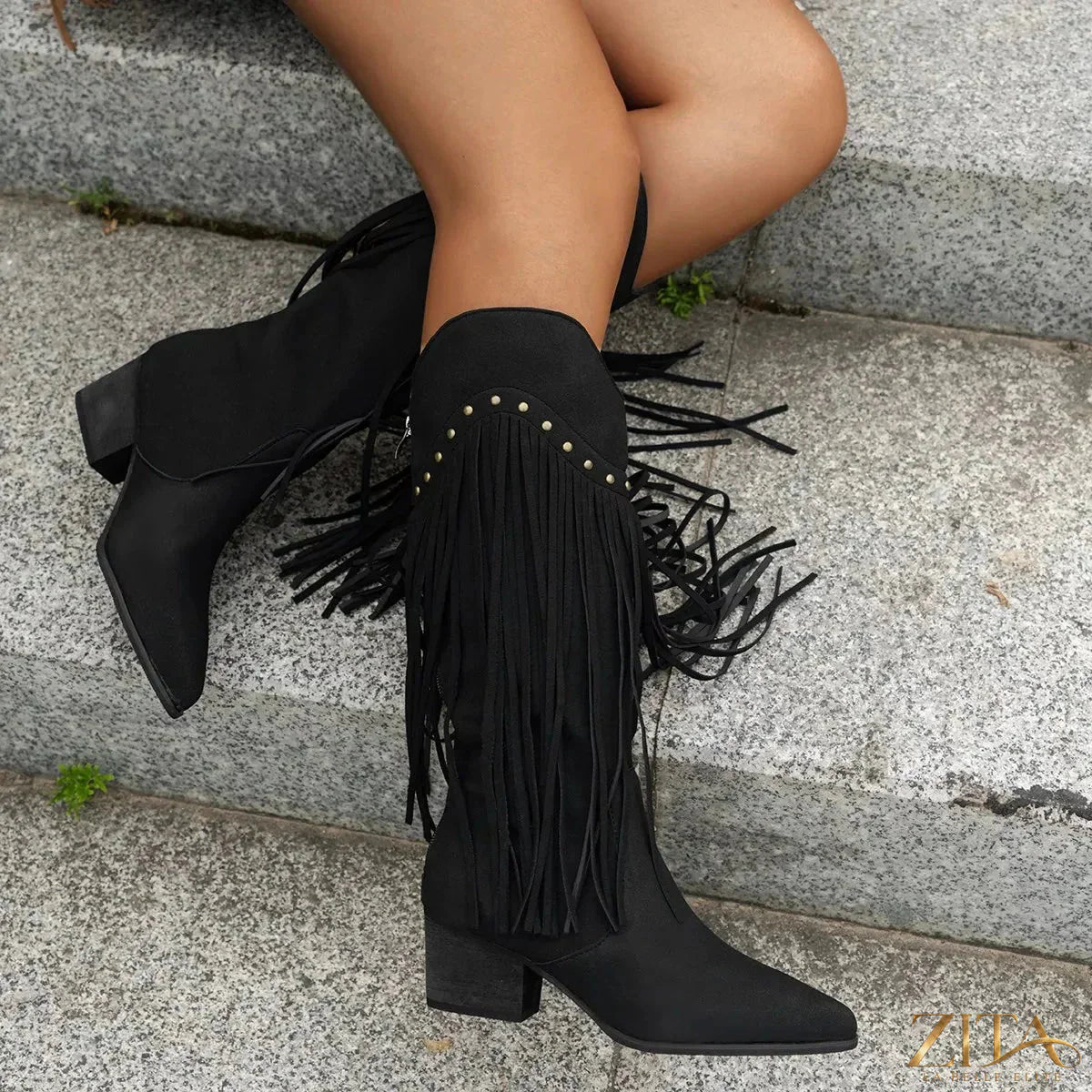 Zita La Belle Elite fringe point toe block heels boots showing black leather with fringe detailing and sturdy block heel.