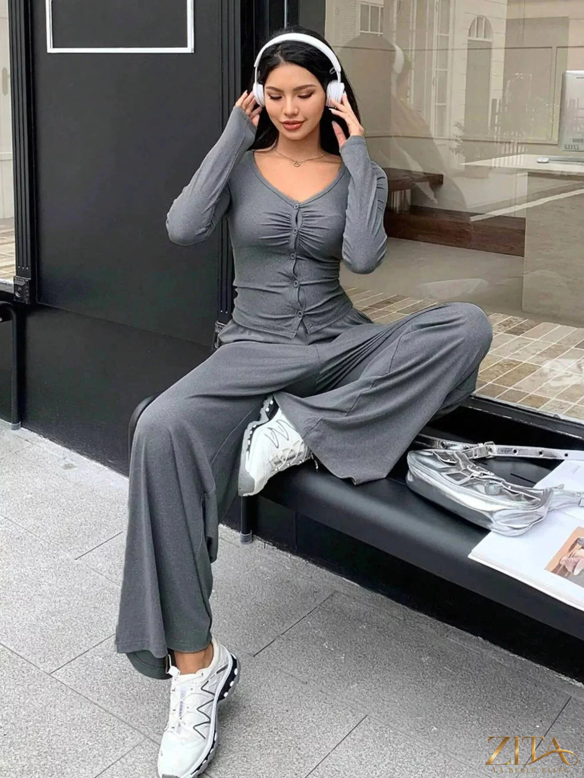 Zita La Belle Elite button-down top and wide-leg pants set, stylish matching outfit with blue fabric and tailored fit.