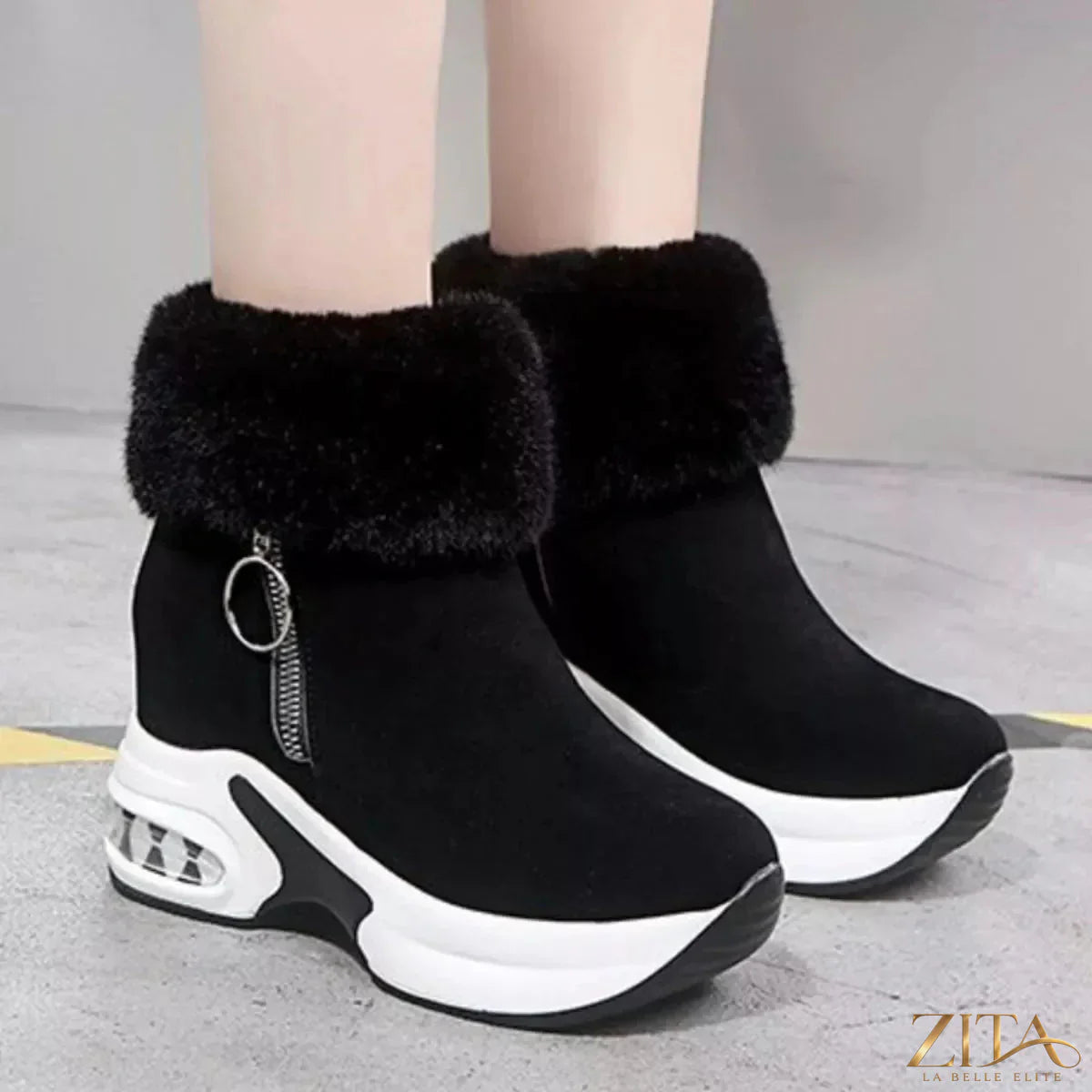 Zita La Belle Elite fuzzy side zipper platform ankle boots with chunky heel and stylish design, shown in black.