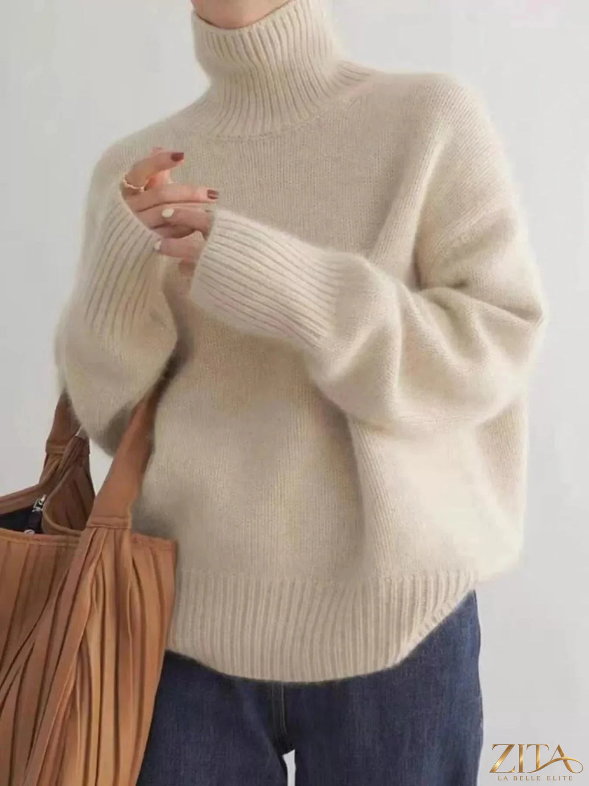 Zita La Belle Elite turtleneck dropped shoulder sweater in cozy knit fabric, shown in a stylish, relaxed fit.