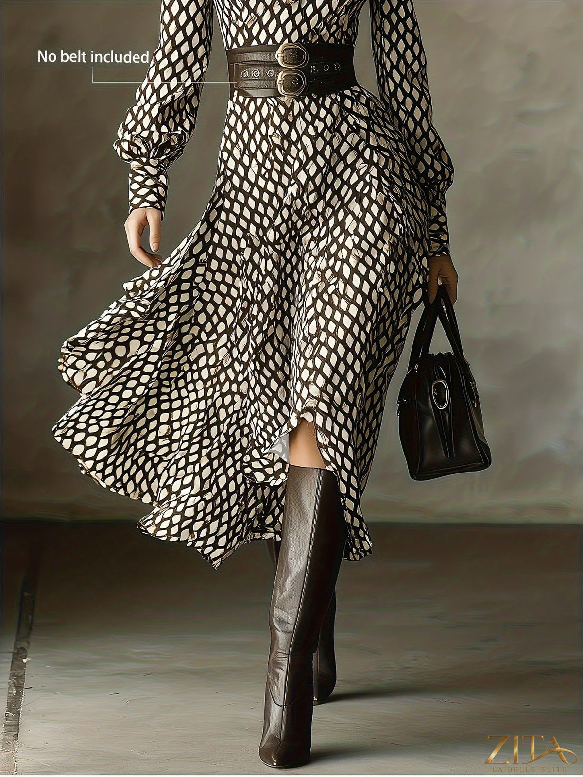 Printed long sleeve midi dress by Trendsi featuring a stylish design, fitted silhouette, and ankle-length hem.