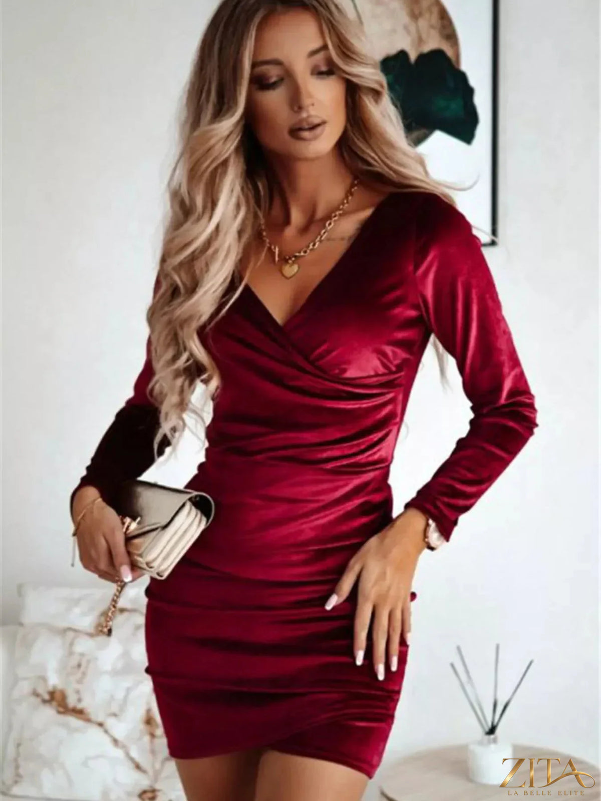 Velvet ruched bodycon mini dress by Trendsi, showcasing a fitted silhouette with gathered detailing and a stylish mini length.